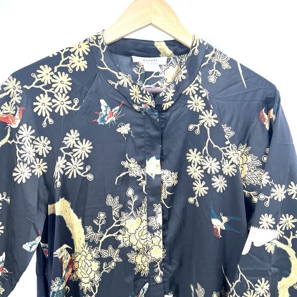 NATORI Private Luxuries Floral Bird Print Silky Zip Front Kimono Robe Medium - Picture 4 of 8